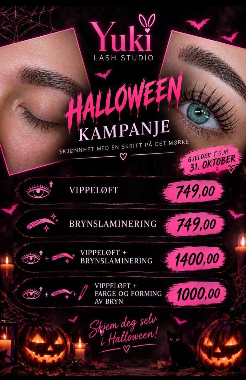 Halloween-kampanje hos Yuki Lash Studio i Førde: vippeløft og brynslaminering 749 kr, pakker fra 1 000 kr